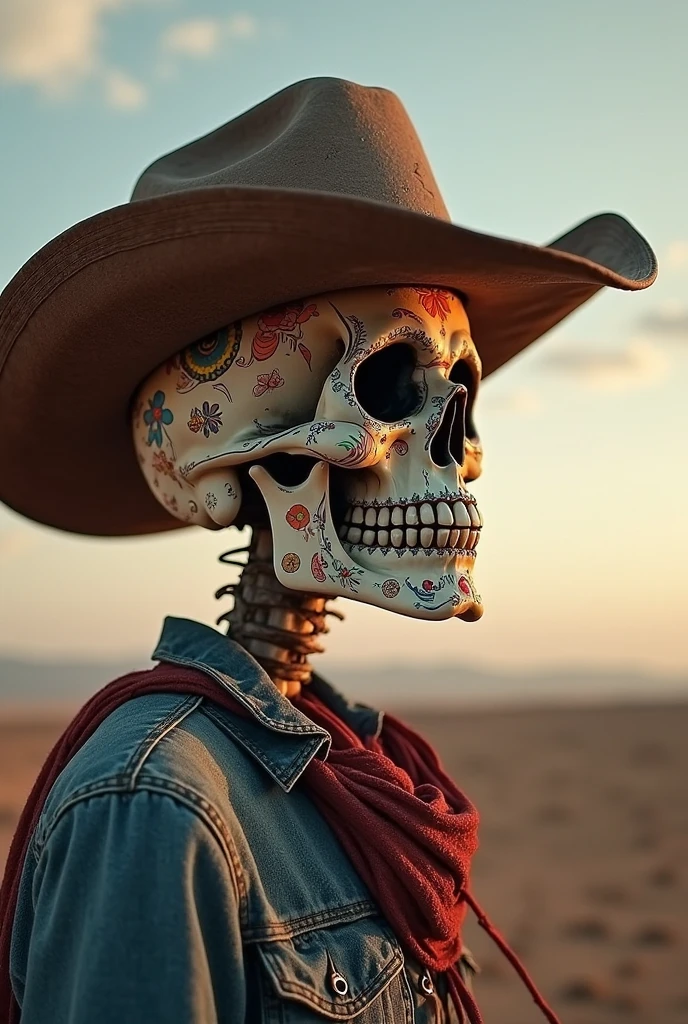 Create an image with a skull with a white cowboy hat and a diamond skull ring on his right hand and the Paris tower at night in the background..