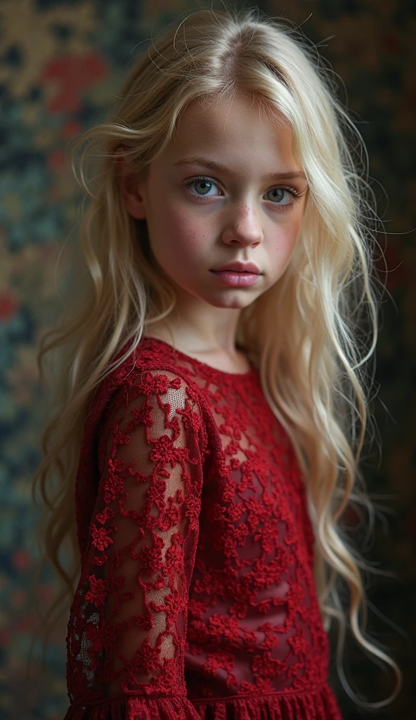 A blonde girl with long hair, with grey eyes and a red dress