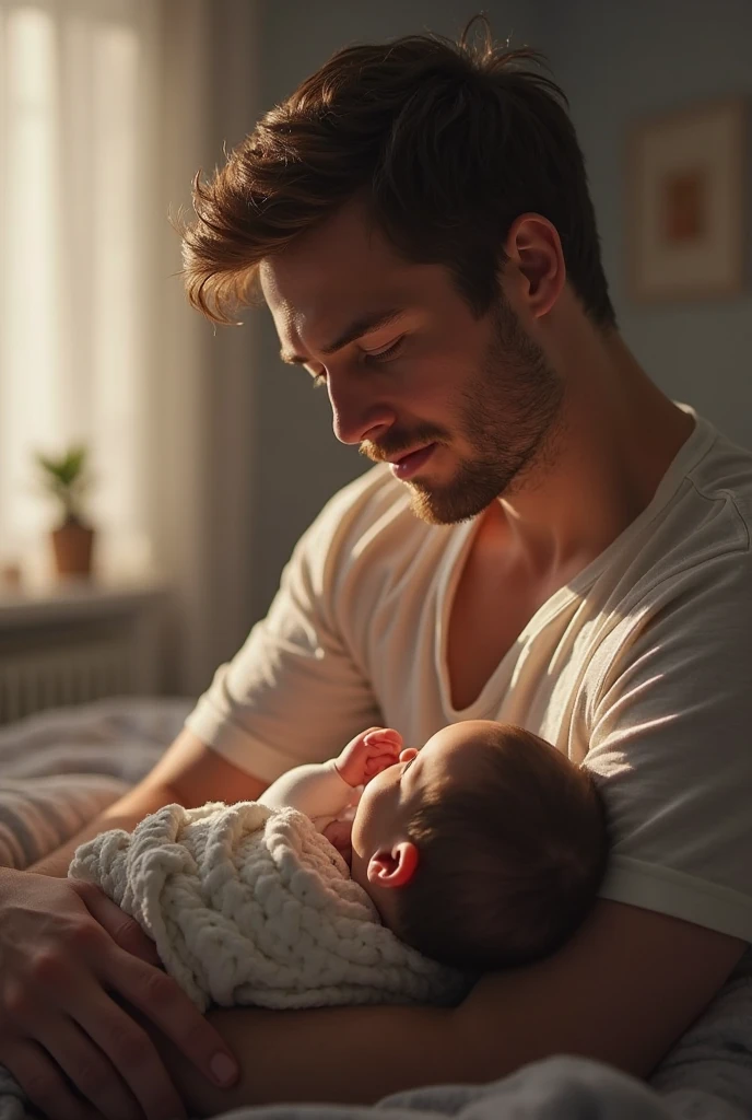 Handsome man breastfeeding baby