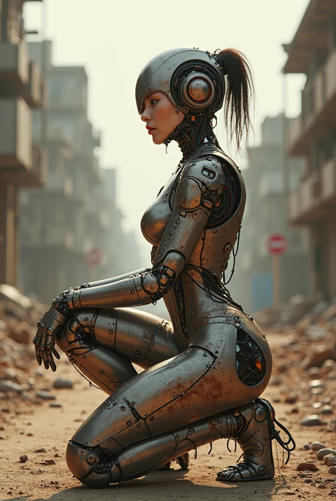 masterpiece,best quality,absurdres,high details,8K,photorealistic,<lora:OxideTech:0.7>,oxidetech,rusty steel,<lora:Concept_-_Hella-sthetic_v2:0.7>,post-apocalypse,ruins,abandoned city background,<lora:Bliznyashki:1>,robot,braided hair,jacket,(metal skin:1.3),