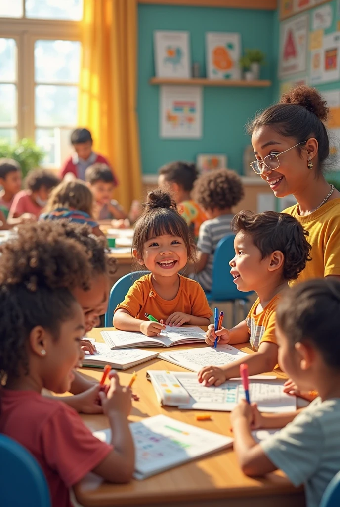 Create an inspiring and engaging image that conveys the idea of ​​investing in children's futures. The image should represent a welcoming and positive educational environment. Include a vibrant classroom environment where 6-year-olds are actively engaged in educational activities such as reading, science, or art. Add elements that suggest growth and the future, like books, globes, and progress charts. The text “Invest in your child’s future: registrations now open” should be prominently displayed, perhaps on a banner or poster, in a friendly, attractive font. Use vibrant colors and an upbeat atmosphere to convey a sense of excitement and opportunity. realist image