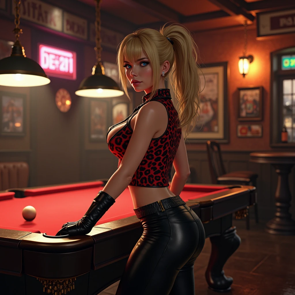 hustler、beautiful girl、Quite lewd、Camel Toe、Giant tit、Nipple Puffs、Cleavage、Plump、Super big breasts、Super big butt、bar、Billiards、queue、Nine Ball、boy、Blonde、short hair
