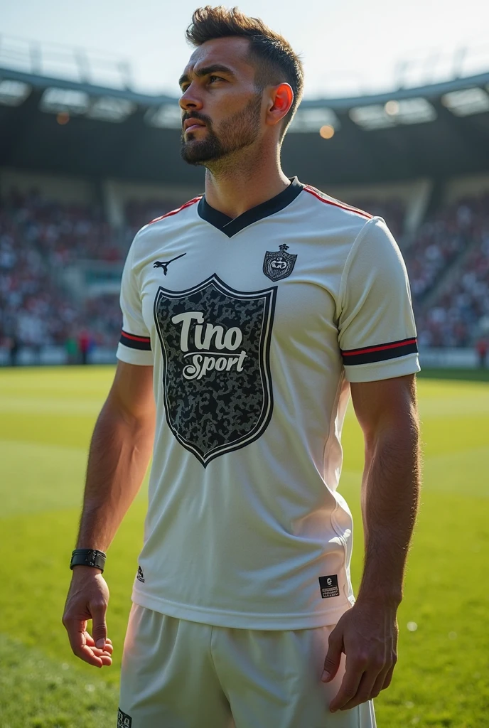 man wearing vasco jersey, vascojersey, red maltese cross, at the (city | beach | forest ), (denim pants | black shorts ), masterpiece, highres, absurdres, perfect face, detailed eyes, detailed face, artstation, stanley artgerm, excellent rendition <lora:Vasco4:0.88>