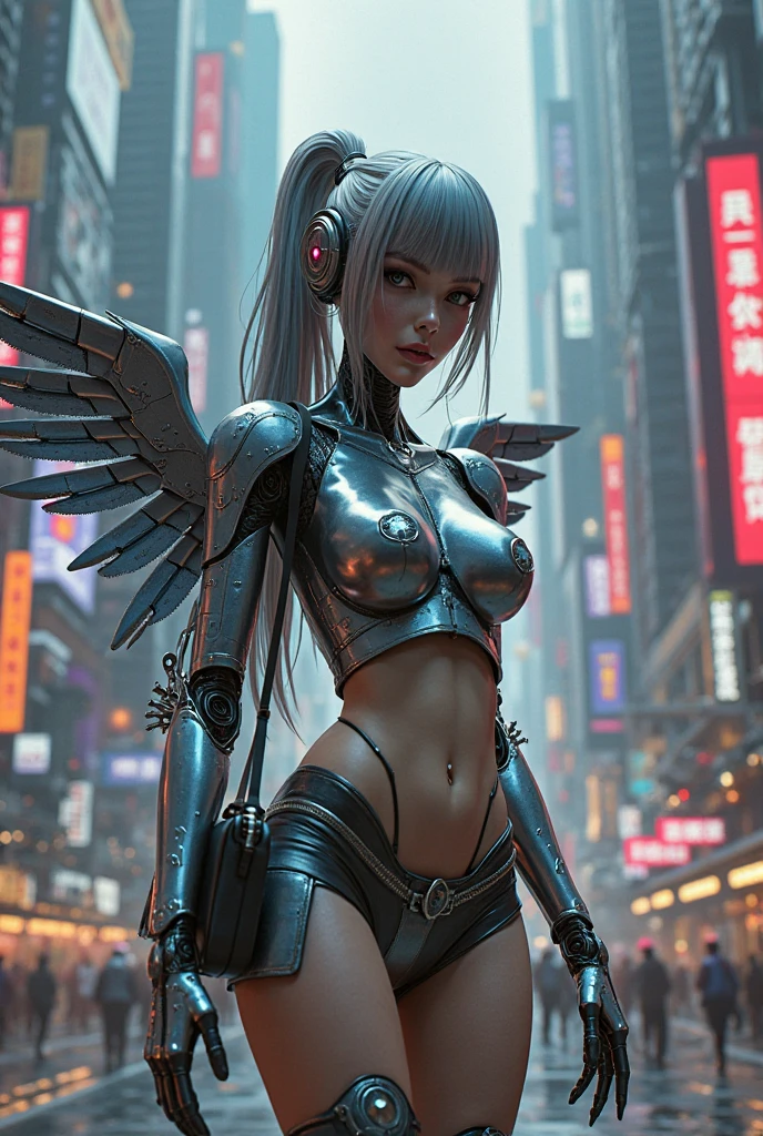 digital painting, 1girl, woman, (disciplined Mosscore:1.3) succubus, wings, full body, [:seductive, sexy costume design,:0.2], bombshell hair, silver hair, Twisted Mohawk, (small breasts:1.5), narrow waist, tall, athletic thicc toned hourglass figure,(muscular legs:0.25), skindentation, japanese, gargantuan scifi cloud city at the end of time<lora:EnvyBetterHiresFixXL01:0:hr=1><lora:EnvySendNoodzXL01:-1><lora:EnvyDramaticPortraitXL01:1><lora:EnvYGo