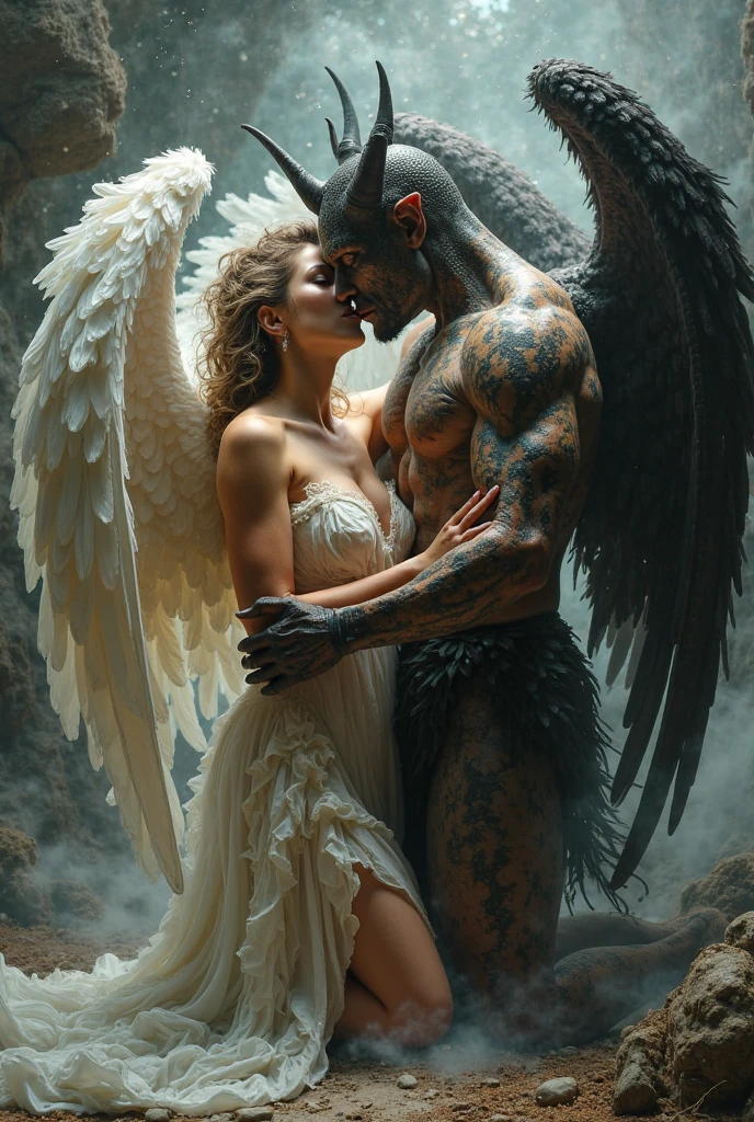 there are two men that are kissing in front of a moon, cinematic film still, shutterstock, film grain, ultra-photorealistic, eros and thanatos, muscular men romantically together, two muscular men embracing in each other arms, muscular male incubus with dark red horns, celestial god-like male angel with breathtaking angel wings, beautiful contrasting, intricate details, good and evil, demon versus angel, good and evil, romance novel cover, homoerotic, gay love, dark romantic fantasy, twilight atmospheric glow