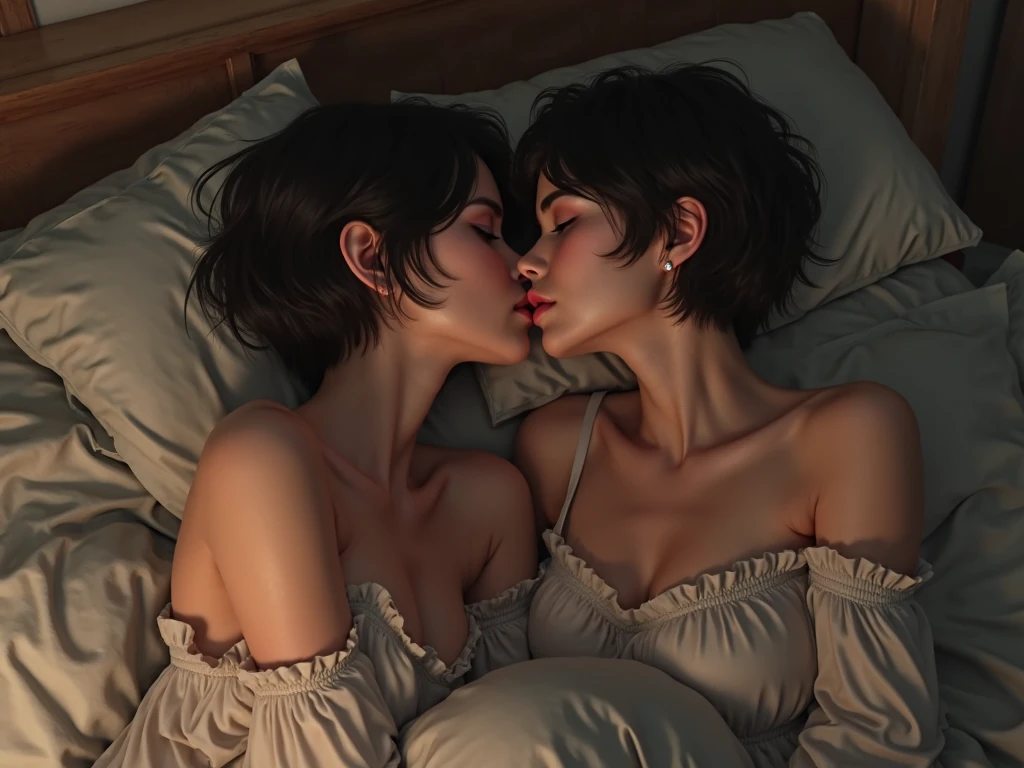 fuck in bed Sexy women short bob hair wear Tank top doing Fuck with boy