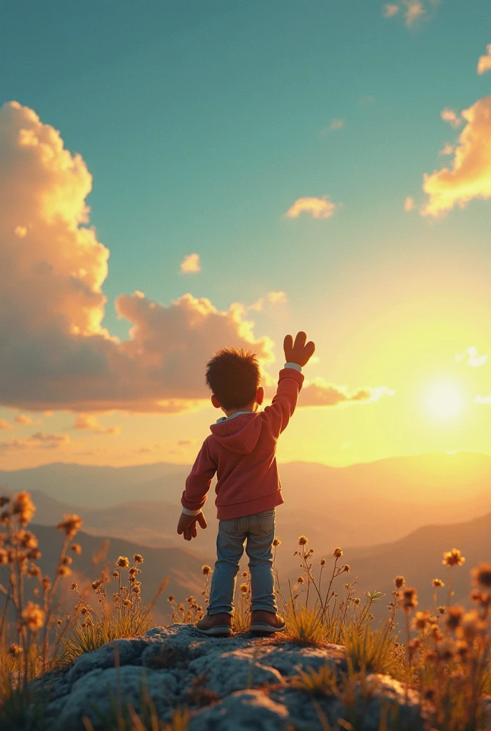 A boy singing in mountain