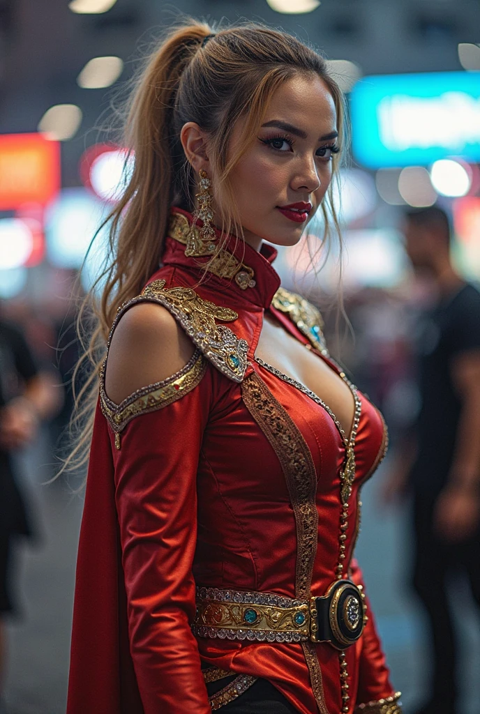 a professional studio upper-torso portrait photo of a seductive Laura Marano posing at (international motor show), wearing intricate latex (ancient hanfu dress:1.2), flowy long wide sleeve, large breasts, topless, moody portrait, striking features, beauty, intricate details, dramatic composition, tension, wispy hair, contrast, sweaty shiny skin, texture, realism, high-quality rendering, stunning art, high quality, film grain, Fujifilm XT3, detailed skin, volumetric fog
