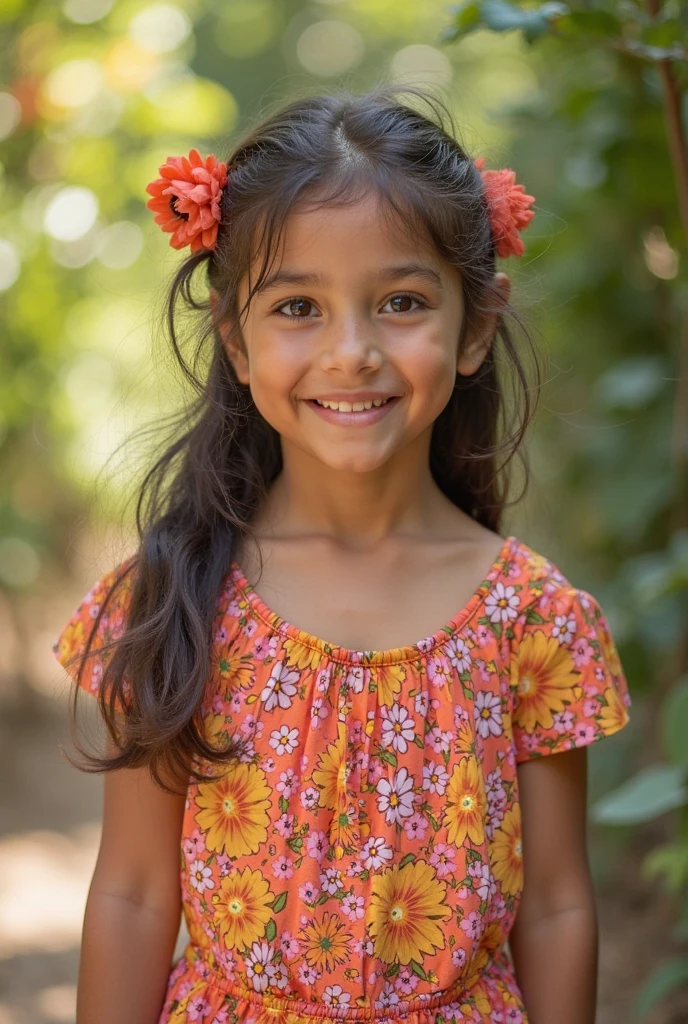 Beautiful peruvian small girl with wavy long hair, cute dress, lifting her skirt