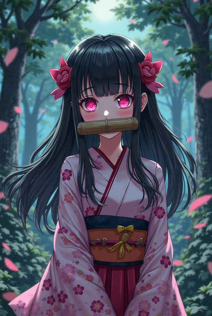 Nezuko kamado chica demoni, carries a bamboo in his mouth, chica linda y tierna, ojos rosas, piel blanca, pelo largo negro con puntas naranjas, kimono rosa 