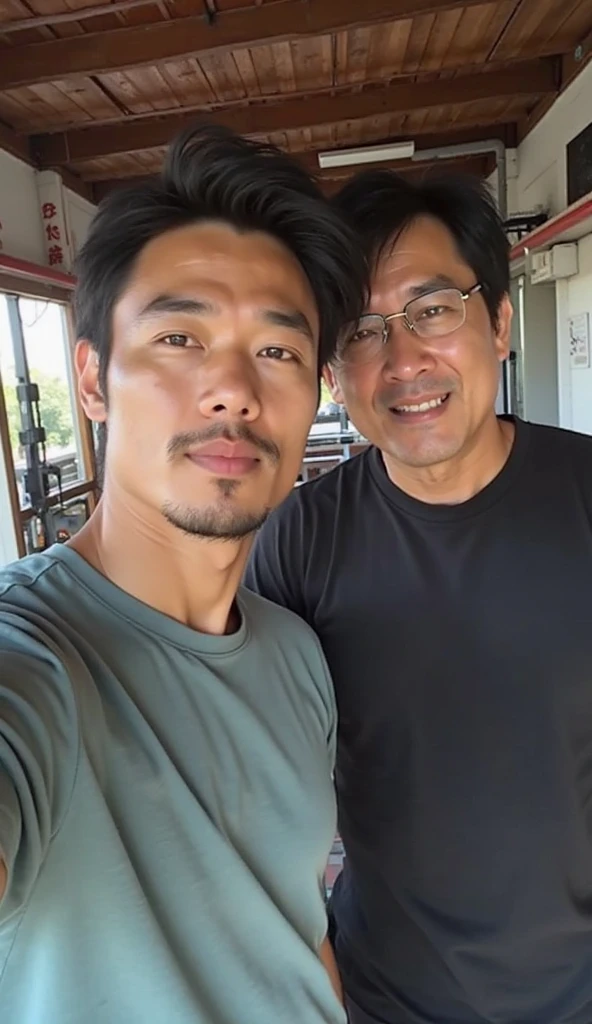 Adult male from Vietnam 50 years old, next to a beautiful young sexy gentleman with perky breasts, Take selfies, laughing,full-naked 