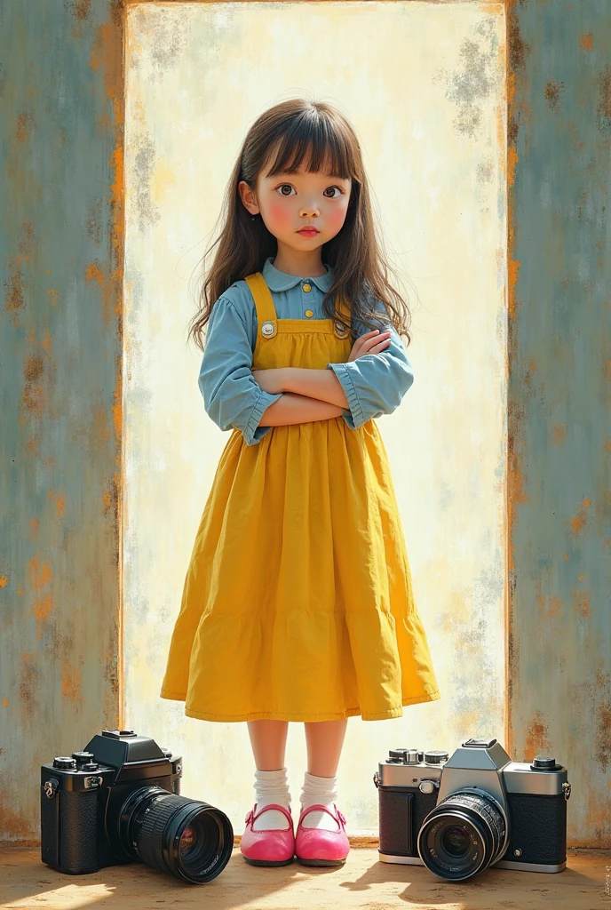 Fashion photography of children, yellow plaid dress, strong sense of design, middle ground, 8-year-old girl, little girl from England, shoulder-length hair, hair accessories, delicate skin, cute and lively, simple background, high texture, backlight, studio professional lighting