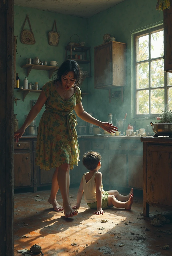 Create an image of a sad Bolivian mother watching her children eat junk food from bags.