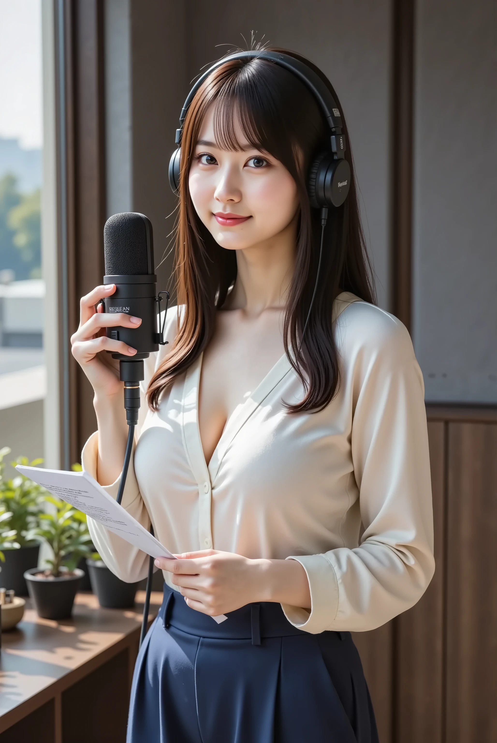 A 20-year-old Japanese woman with long, layered, honey-brown hair, a bright, professional smile on her face as she performs lines for an anime or video game, speaking with expressive gestures into a professional-grade studio microphone in a soundproof recording booth. She is standing, holding a script in one hand. She wears a stylish, silky, ivory-colored V-neck blouse, its soft fabric draping to reveal her ample, round, and firm bust with clear, appealing cleavage, paired with tailored, high-waisted navy blue short pants. She has on large, professional headphones, with one cup shifted off her ear so she can hear her own voice. Medium: Digital photography. Style: Photorealistic, with a clean, professional, and intimate feel, capturing the creative process of voice acting. Composition: Medium shot, capturing her from the waist up, focusing on her expressive face, her interaction with the microphone, and the script in her hand. The background shows the acoustic foam panels and window of the recording booth. Aspect ratio 3:2, portrait orientation. Lens and Effects: 85mm f/1.8 portrait lens, chosen to create a flattering and intimate portrait with beautiful subject-background separation, rendering the acoustic panels into a soft, textured blur. No dramatic flares, maintaining a professional studio look. Lighting: Soft, even lighting from an overhead source within the booth, designed to be non-distracting and functional, creating gentle modeling on her face without harsh shadows. A small amount of light may emanate from a script stand light or control room window. Color Palette: A warm and neutral palette, with the ivory of her blouse, the navy of her shorts, and her brown hair set against the darker, muted tones of the soundproofed booth, creating a professional and focused atmosphere. Level of Detail: Hyperrealistic intricate details on the mesh grill of the microphone, the text on her script, the texture of her silk blouse, the soft highlights in her hair, and the foc
