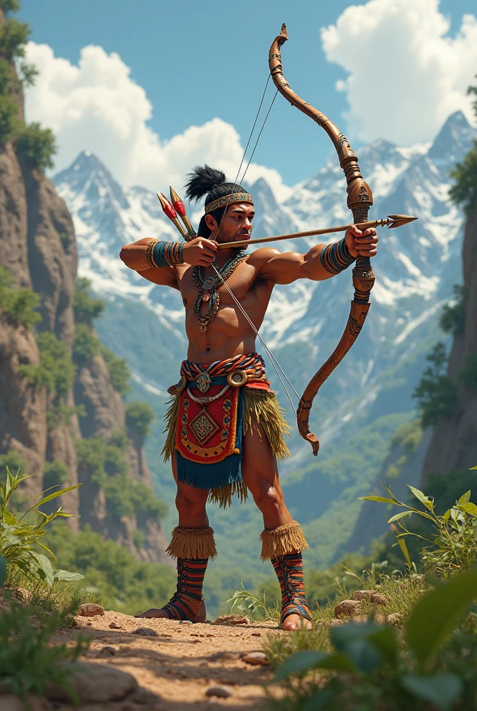 Fassa an indigenous man pointing 7 arrows with the bow to the right side