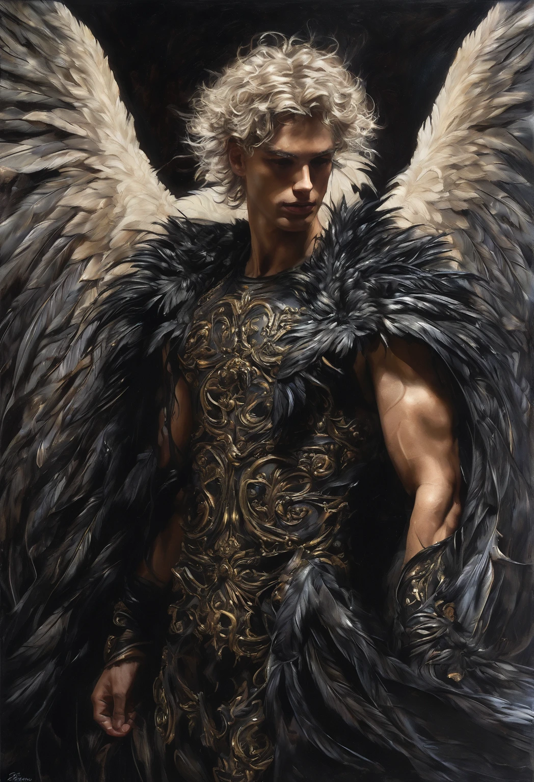 Photo-realistic, ((best quality)), ((masterpiece)), (detailed), short wavy hair, perfect face, the devil, masculine portrait of the devil, personification of The Devil, (evil look), super pale skin, (massive huge majestic black angel wings:1.3), black wings, black angel wings, huge black wings, 2 wings, 18-year-old, super male model, handsome, tall, cute looking, evil look, dark look powerful, young male model, handsome mythical creature, (thin body:1.2), lean define body ,athletic body, fit, define muscles, six pack, clean shave, blue eyes, white skin, pale skin, super pale skin, white pale skin, albino skin, wavy messy brown hair, short messy hair, messy wavy hair, (shirtless:1.5), bare-chested, muscle, ripped, strong body, fit body, pant-less, fully naked, nude, naked, NSFW, 1 perfect penis, 1 amazing penis, 1 nice penis, 1 beautiful penis, 1 amazing penis, 1 good penis, 1 male penis, perfect gland, nice gland, amazing gland, perfect scrotum, amazing scrotum, nice scrotum, great scrotum, male scrotum, male genitalia, male structure,, Dark background 8k, high detailed, ultra-detailed, Stylish Pose, mist, fog, mysterious, (Dark background:1.6), (dark cinematic:1.5), (backlight) (ruins Gothic cathedral:1.2), ruins, , flooded
