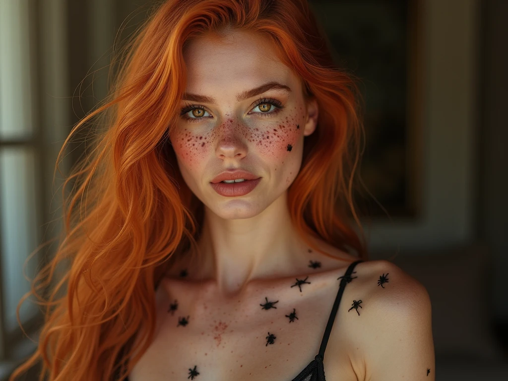 a photo of a seductive woman with loose styled (redhead hair:1.2), bored, (she is wearing lingerie:1.2), mascara, (tattoos:1.2), fullbody shot, (textured skin, skin pores:1.1), (moles:0.8), imperfect skin, goosebumps, flawless face, (light freckles:0.9), (sun-kissed:1.1), ((photorealistic):1.1), (raw, 8k:1.3),