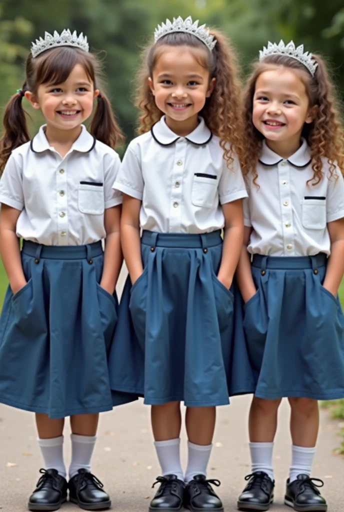 A straight-haired girl wearing a dress with sleeves, the dress appears on the girl's legs, the girl is going to school accompanied by her younger brother;