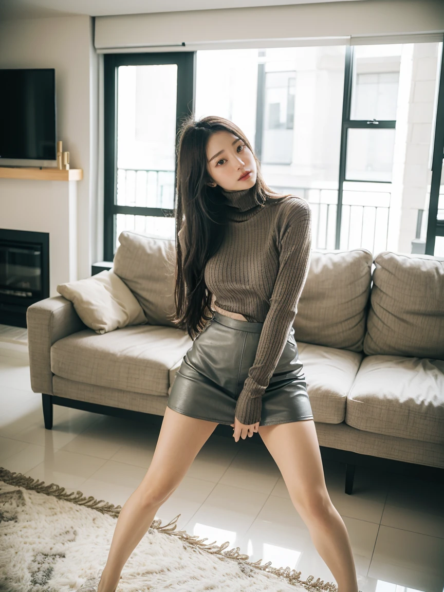 Best quality, tmasterpiece, A high resolution,8K,(realistically:1.4),超A high resolution,1 girl, ultra - detailed, hyper realisitc, Very detailed CG illustration, offcial art, 电影灯光, actual, Young and beautiful girl, perfect body figure, perfect body figure, full pov, perfect bodies, (Starting below:1.3), 的lewd poses, long sexy legs, knitwear,Self-confident, Beautiful Sexy,No clothelacksilk,A-line pleated skirt,Polite, S-shaped body, hip is cocked,placed in a,lewd poses,Different Perspectives