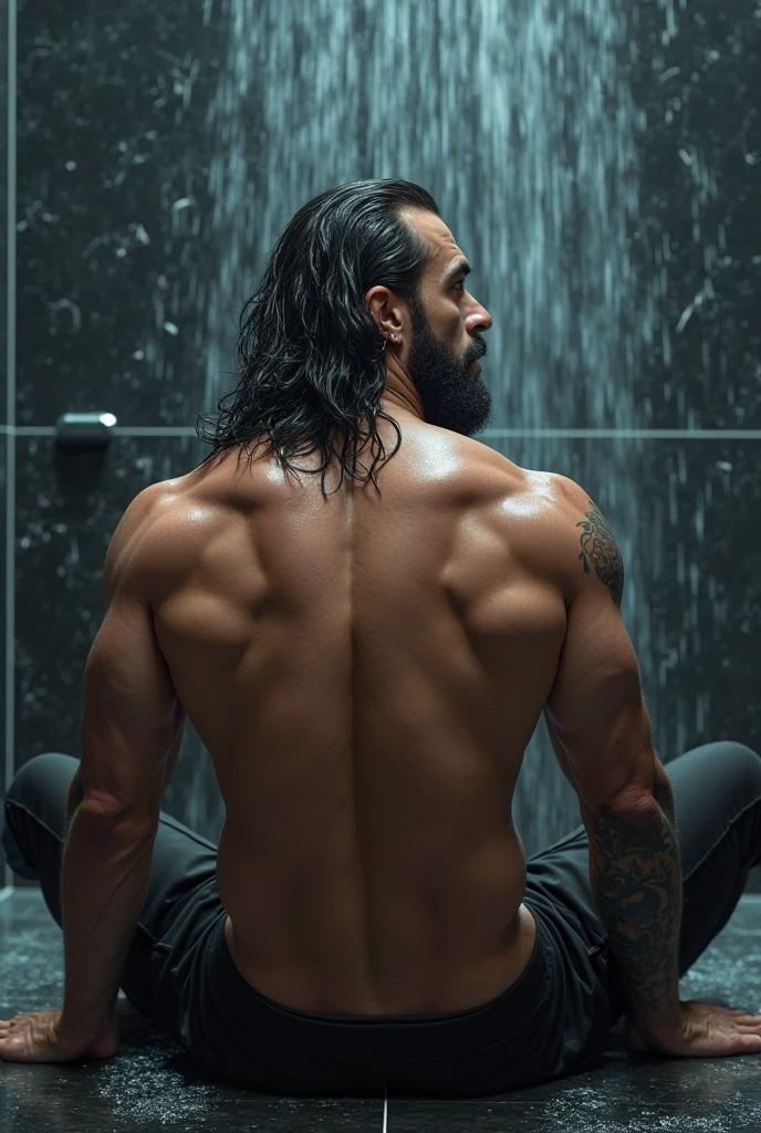 homem tatuado sentado em uma piscina com uma bebida e um copo, Sebastien Chabal, jason momoa, jason momoa as assyrian, Jereme Momoa como Tarzan, barbado, costas e branco, Directed by: Arthur Sarkissian, costas tatuadas, barba, photo from behind, com tatuagens, costas nuas, com seus longos cabelos pretos, aesthetic shot