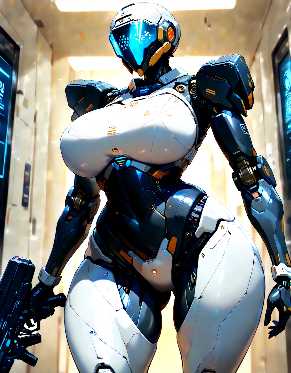 masterpiece , best quality ,1 voluptuous girl , latex , powered exoskeleton combat suit , (gigantic tits:1.2) , thick thigh , gigantic hip ,gold hair , short hair , cable attached to the whole body , folded with char , small room , surrounded by sci-fi machinery ,