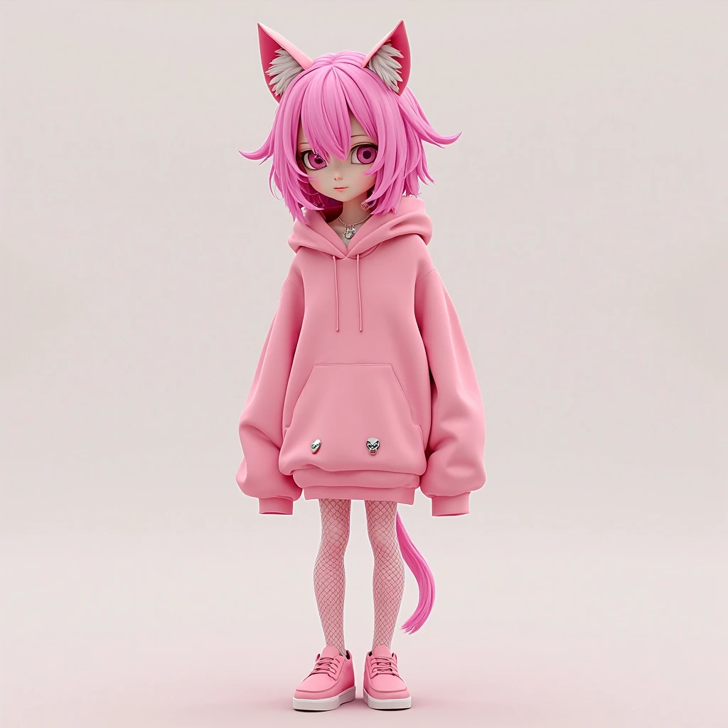 a cute li girl with (short pink hair), fox ears and fluffy foxy tail, loli girl, short girl, cute, masterpiece, listening music, short jeans