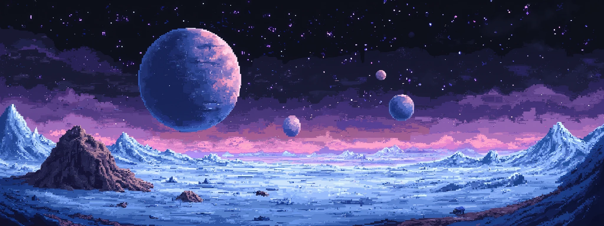 Pixelart background, 32 bits style, (empty space cosmic with ice planets far away), cold colors, cinematic atmosphere.