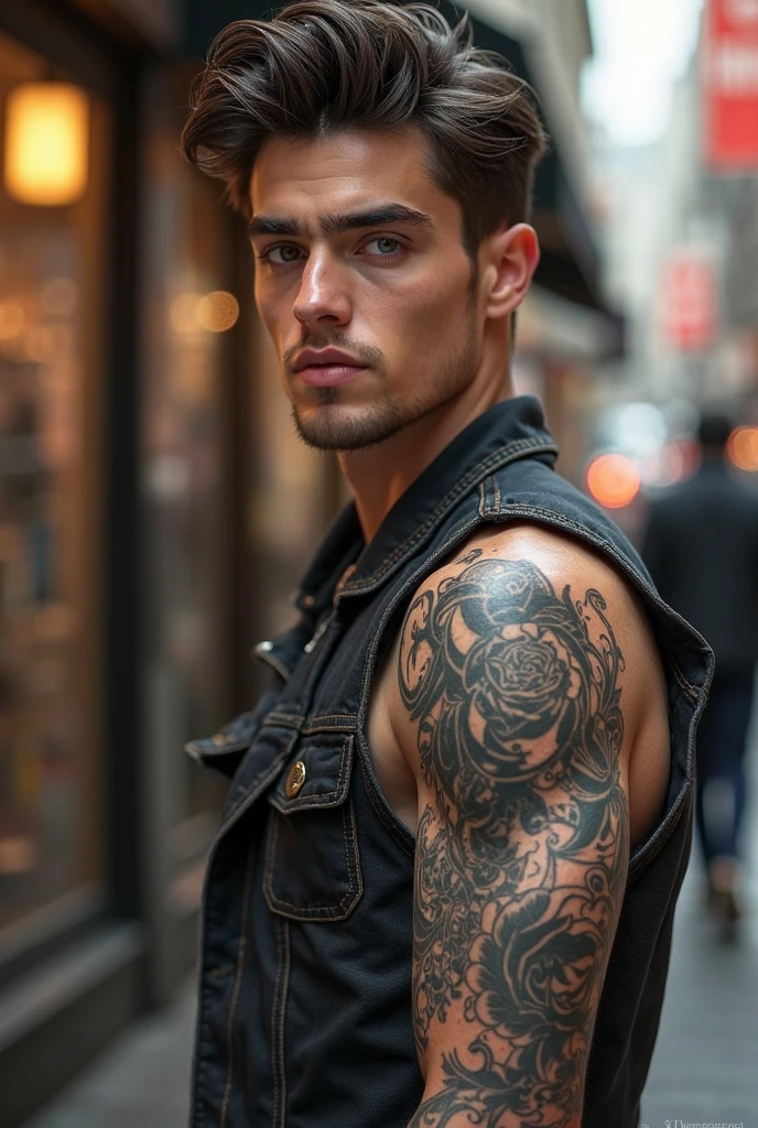 Young muscular white tattooed Korean guy with vitiligo doing a serious pose while sitting