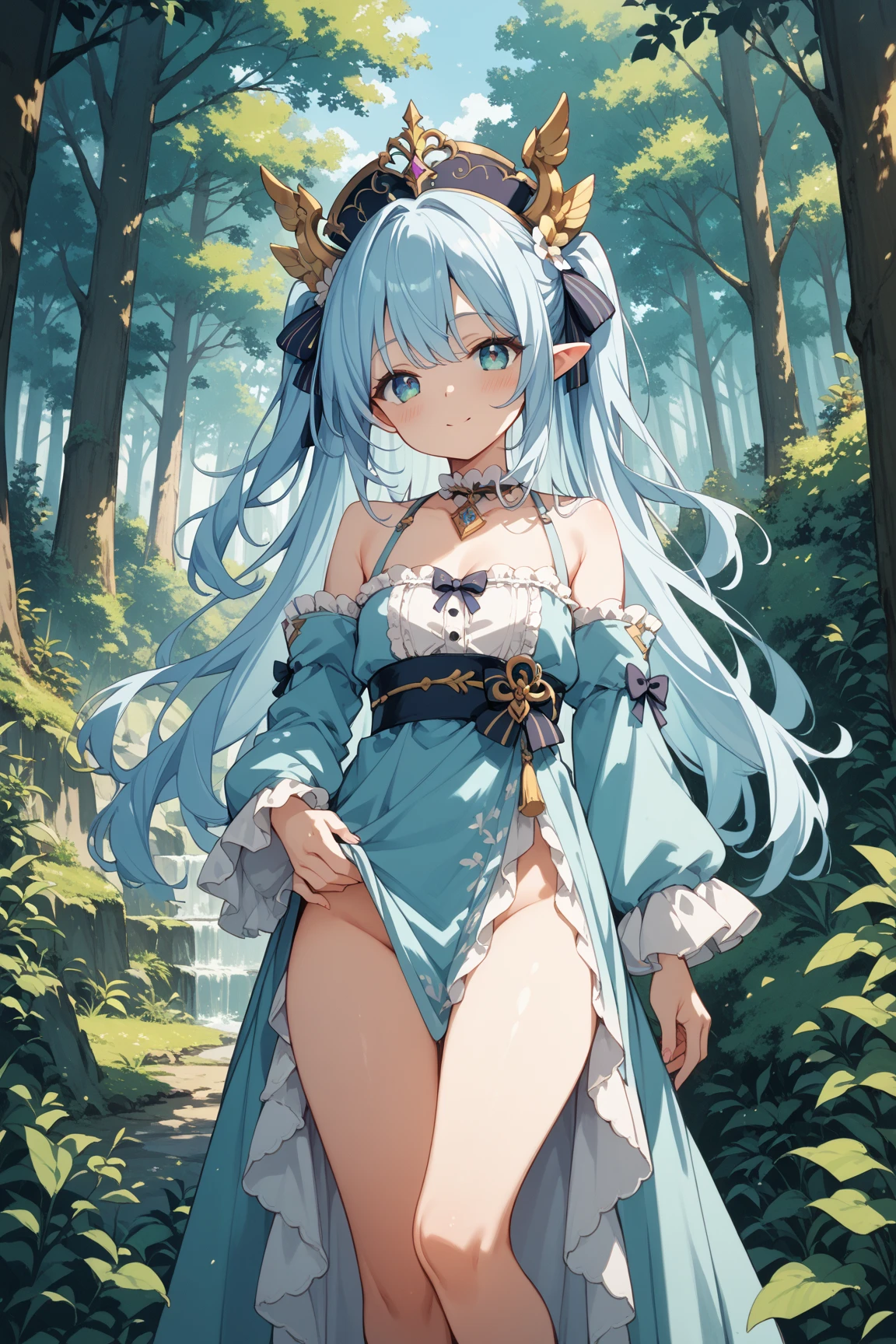 realistic image, detailed image, coherent image, 1 beautiful elf, she has very long hair, black hair, turquoise eyes, smiling, She is wearing a dress, showing her legs, She has a curvy body, medium breasts and thick thighs , She is sitting, posing sensually, arching her back, sprouting breasts, full body view, view from above, flower petals falling around, background surrounded by flowers, Soft focus, Dramatic shadows, Volumetric lighting, natural lighting, illumination artificial, white background, soft background,bzyyzg \(manaka nemu\)