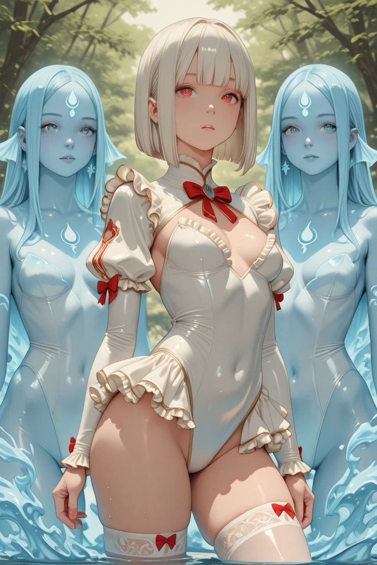((((Obra maestra, La mejor calidad, ultrahigh resolution)))), 1girl, standing, (cute maid costume), ((long pure silver hair and grey mesh hair, hair over eye)), long hair cut, pale skin, ((red eyes)), glowing_eyes, neon eyes, (ultra detailed eyes:0.7, beautiful and detailed face, detailed eyes:0.9), ((centered)), smile, ((wide shot)), facing viewer, ((vibrant background, bright lighting, summer, sunlight)), , looking at viewer, ((half closed eyes)), ((perfect hands)), (((head:1, arms,  in view, elbows, arms, legs, in view))), ((hands behind back)), empty eyes, beautiful lighting, ((outside, outdoors)), defined subject, head tilt, (((gritty)), ((creepy)), ((cool)), ((beautiful)), (((SFW)))