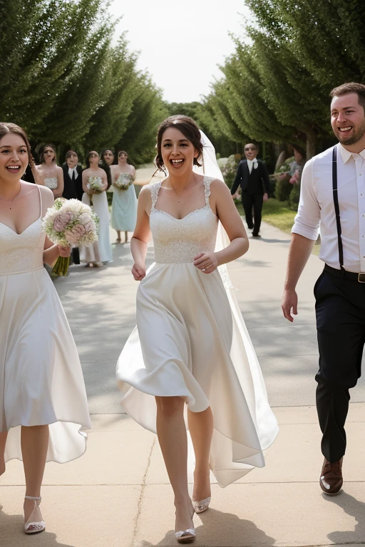 Selena Gomez dressed in a white dress with a wedding veil and Justin Bieber dressed in a black suit next to her smiling in a garden, realistic image.