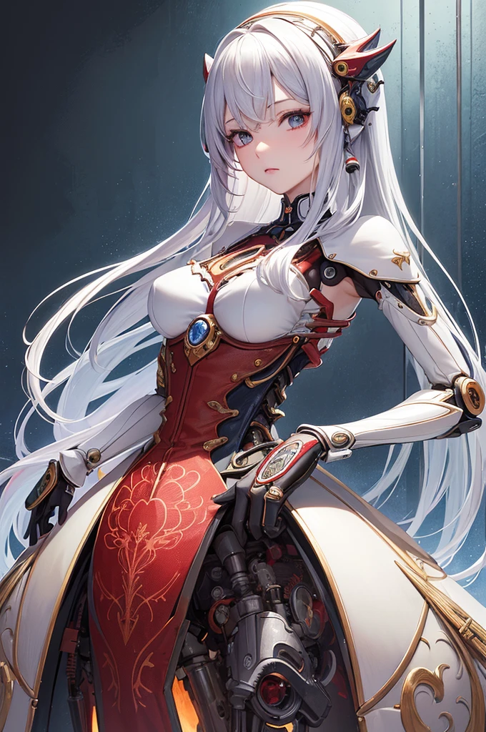 ((((masterpiece))), ((Highest quality))), ((Super detailed)), (CG illustration), ((Very delicate and beautiful)),(From the side),Cinematic Light, ((1. Mechanical Girl)), single, whole body, (Machine-made joints: 1.2), ( (Mechanical Limbs)), (Blood vessels connected to tubes), (Mechanical spine connected to the back), ((Mechanical cervical spine attached to the neck)), (Sitting), Force yourself to laugh, (Wires and cables around the neck: 1.2), (Overhead wires and cables: 1.2) (Character Focus), sf, Very thin, Colored, The finest white hair, Red eyes, In combat, (Knotted), (kill), (1 immortal)
