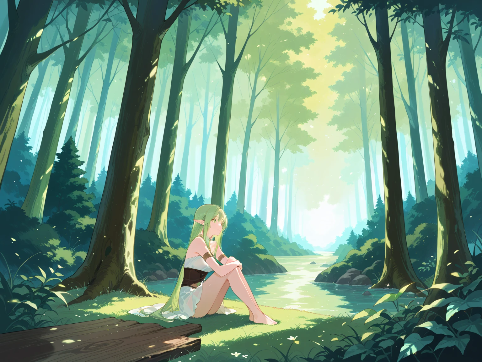 vivid color, breathtaking, intricate details, absurdres, highres, ultra detailed, highest quality, amazing details, SFW, highres, masterpiece, best quality, perfect anatomy, 1girl, solo, ,1girl, pink eyes, blonde hair, jewelry, hair ornament, very long hair, hair bobbles, small breast, <lora:Roux Cristasse:1> medieval fantasy,cherub,child,pond,sitting,in water,looking away,forest,alone,cinematic,sunlight,dust particles,