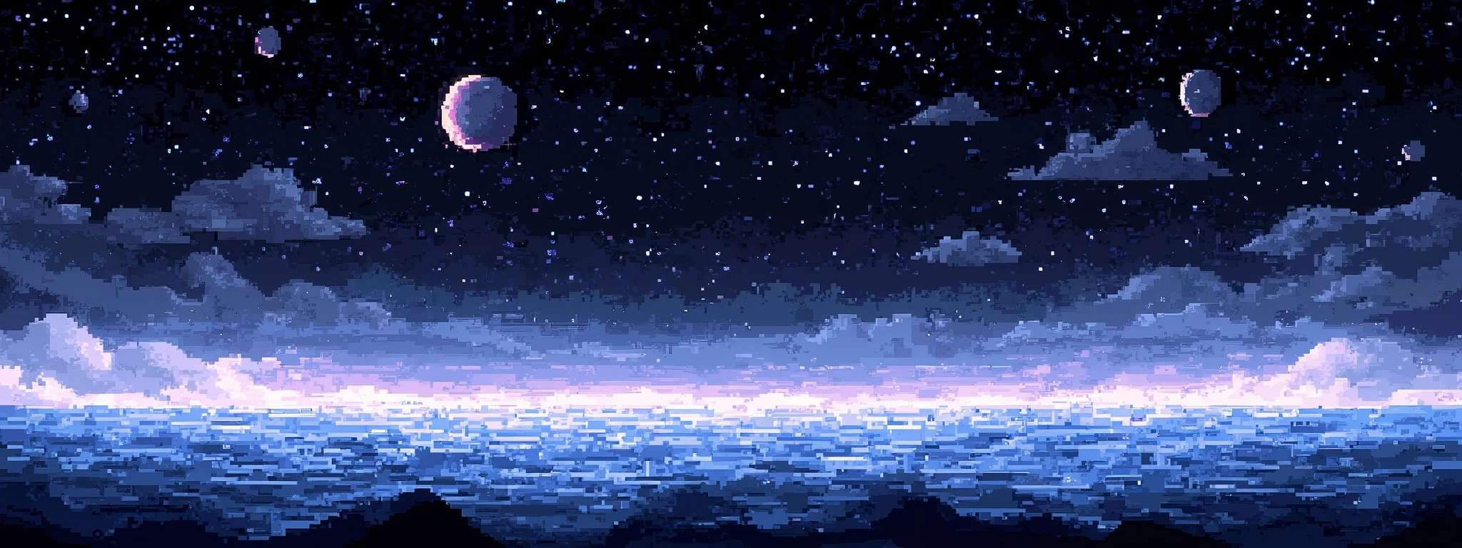Pixelart background, 32 bits style, (empty space cosmic with ice planets far away), cold colors, cinematic atmosphere.