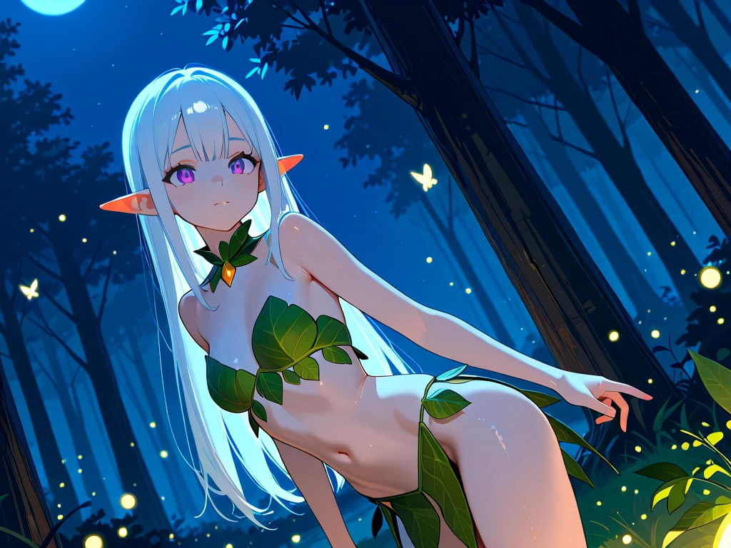 ((topless)), , nsfw, masterpiece, solo, 1 girl, erect nipples, nipples, navel, necklace, leaf skirt, fairy wings, smiling, hair ornament, bare breasts, bare stomach, sweaty, cowboy shot, small breasts, puffy nipples, texts, bare arms, collarbones, silver blonde, flower crown, smiling, petite, flat chest, closed eyes, small breasts, child, outdoors, petite, slim waist, magical forest, glowing plants, detailed eyes, beautiful eyes, lake, enchanted forest, fireflies, long hair, night, moonlight, mouth closed, elf ears, wet, taking a bath, lake, night, moonlight