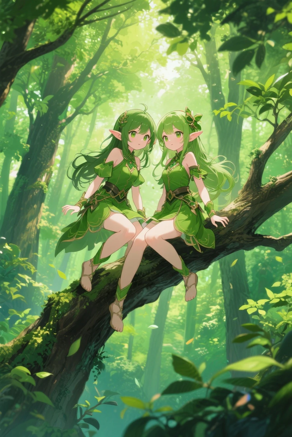 anime panel, earth spirit woman, darkskin, long brown hair, bright light green eyes, clothes made out of leaves, barefoot with just flowers wrapped around her leg, floral bow on head.