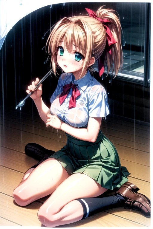 torn dress,torn shirt,torn bra,in room,{{love live!}},{{masterpiece}}, {highly detailed}, ,(masterpiece, best quality:1.2), upper body, MichishioKC, {{from below}}, angry, shouting, , pinafore dress, green ribbon, looking at viewer, small breast, long sleeve,