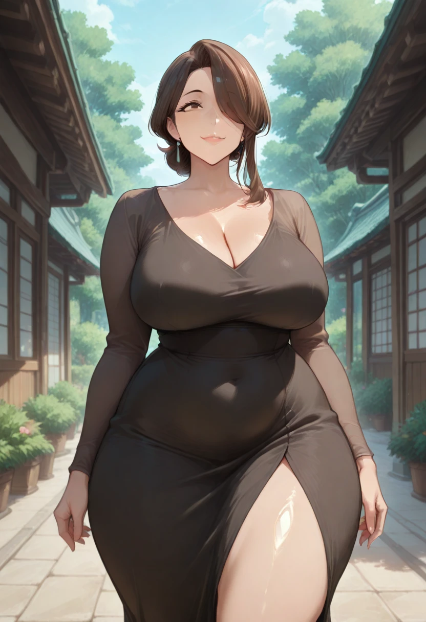 (NSFW), Misae Nohara, thick thighs, hourglass figure, half naked, Looking at the viewer with seductive eyes, exposed breasts, brown black hair, hard nipples, exposed vagina, best quality, highres, bbyorf, gold earrings, large breasts, jewelry, off shoulder, red transparent sweater, sweater red transparent dress, long sleeves, no panties, outdoors, finely detailed, quality, rembrandt lighting, black stockings, (intricate details), dramatic, ray tracing, 1girl, subsurface scattering, bbyorf, gold earrings, large breasts, jewelry, off shoulder, full body, (bright sunny day, trees, clouds, bushes),