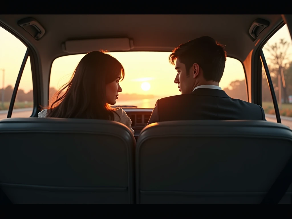 A woman and a man kissing in a car