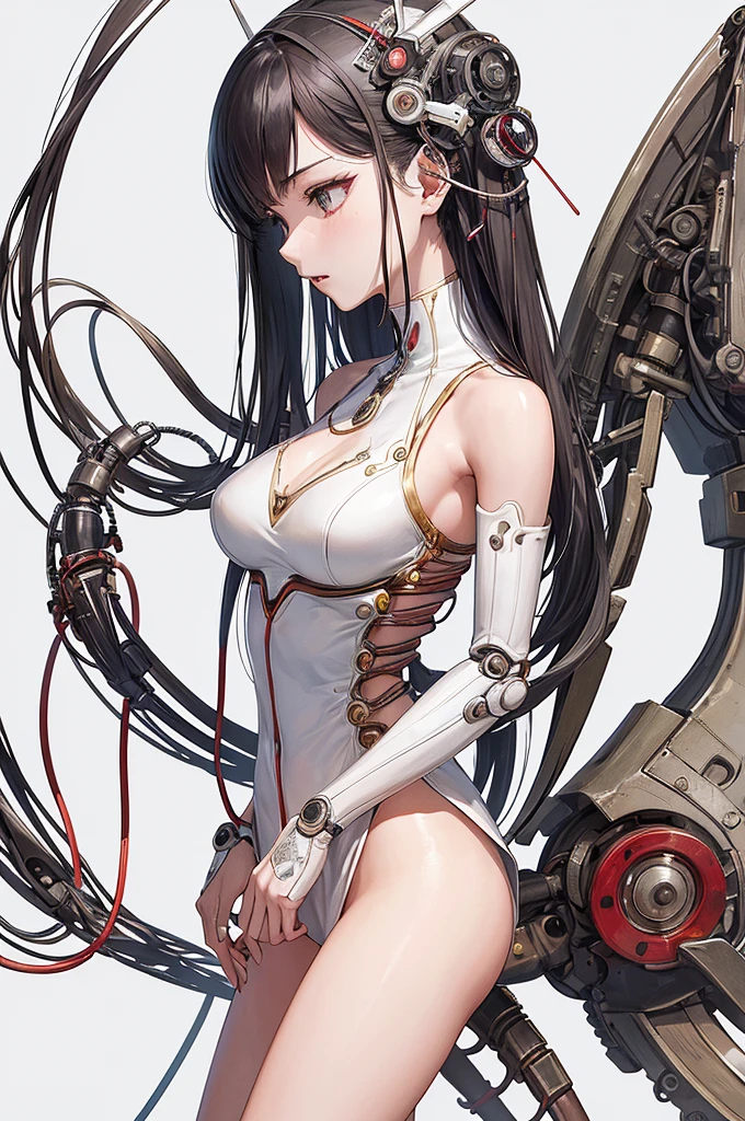 a pretty woman, longhair, bared, nude, (cyborg body:1.3), black hair, super delicate hair, detailed hair, dark red eyes, endoskeleton from the neck down is visible, prosthetic body, no organs in body, turn away, holding one's knees, white background, simple background, ultra detailed, 8k, masterpiece