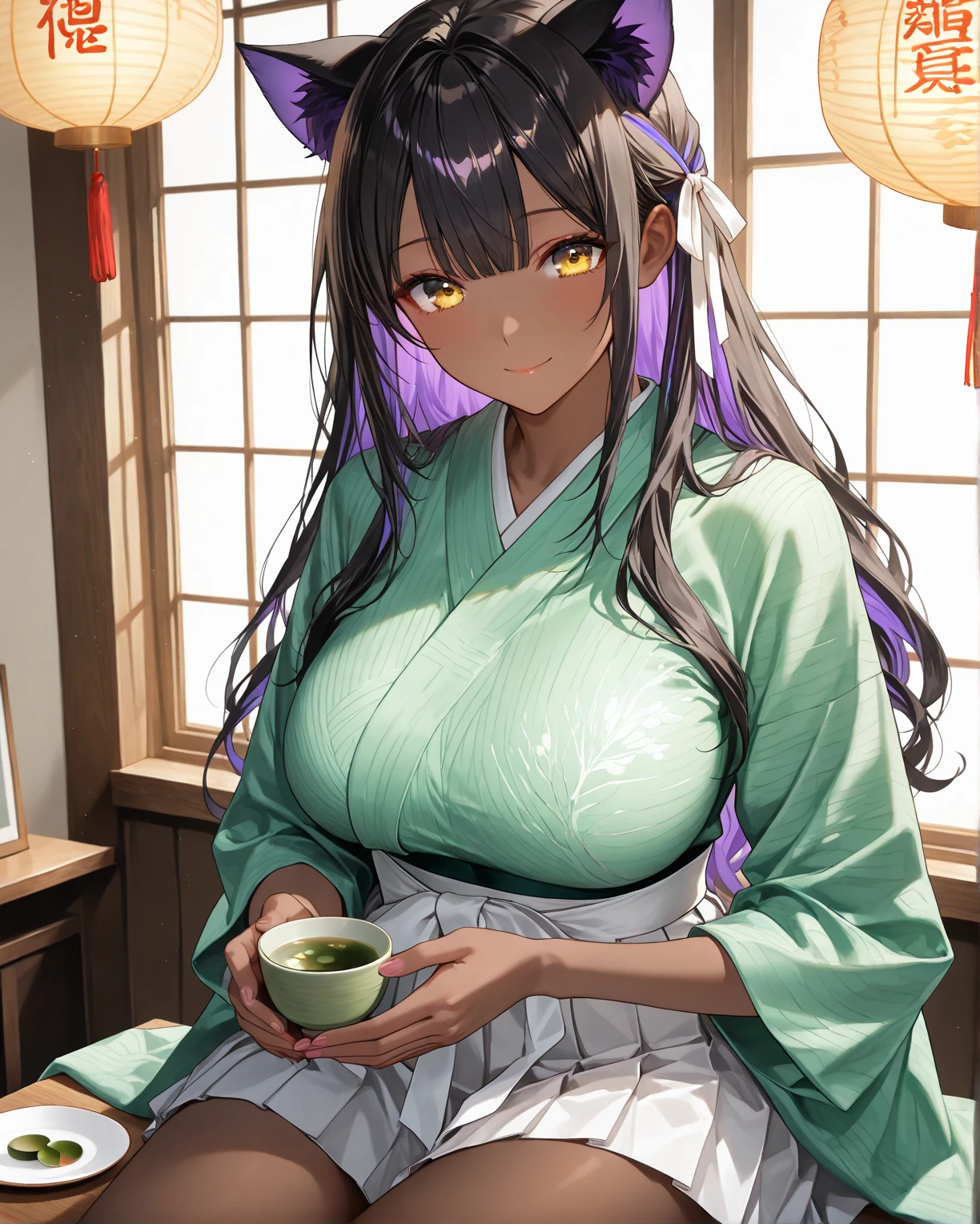 tss、Score 9、Score 8 up、Score 7 up、Score 6 up、Source Anime、、1 girl、Minamoto Yorimitsu(Fate)、kimono、kimono、Long Hair、Purple Hair、solo、Purple Eyes、Cleavage、分けたbangs、cherry blossoms、cup、Very long hair、cup、紫のkimono、Big Breasts、bangs、smile、clavicle、blush、Sash、Staring at the audience、petal、Long hair tied low、Outdoor、Have、cupをHave、wood