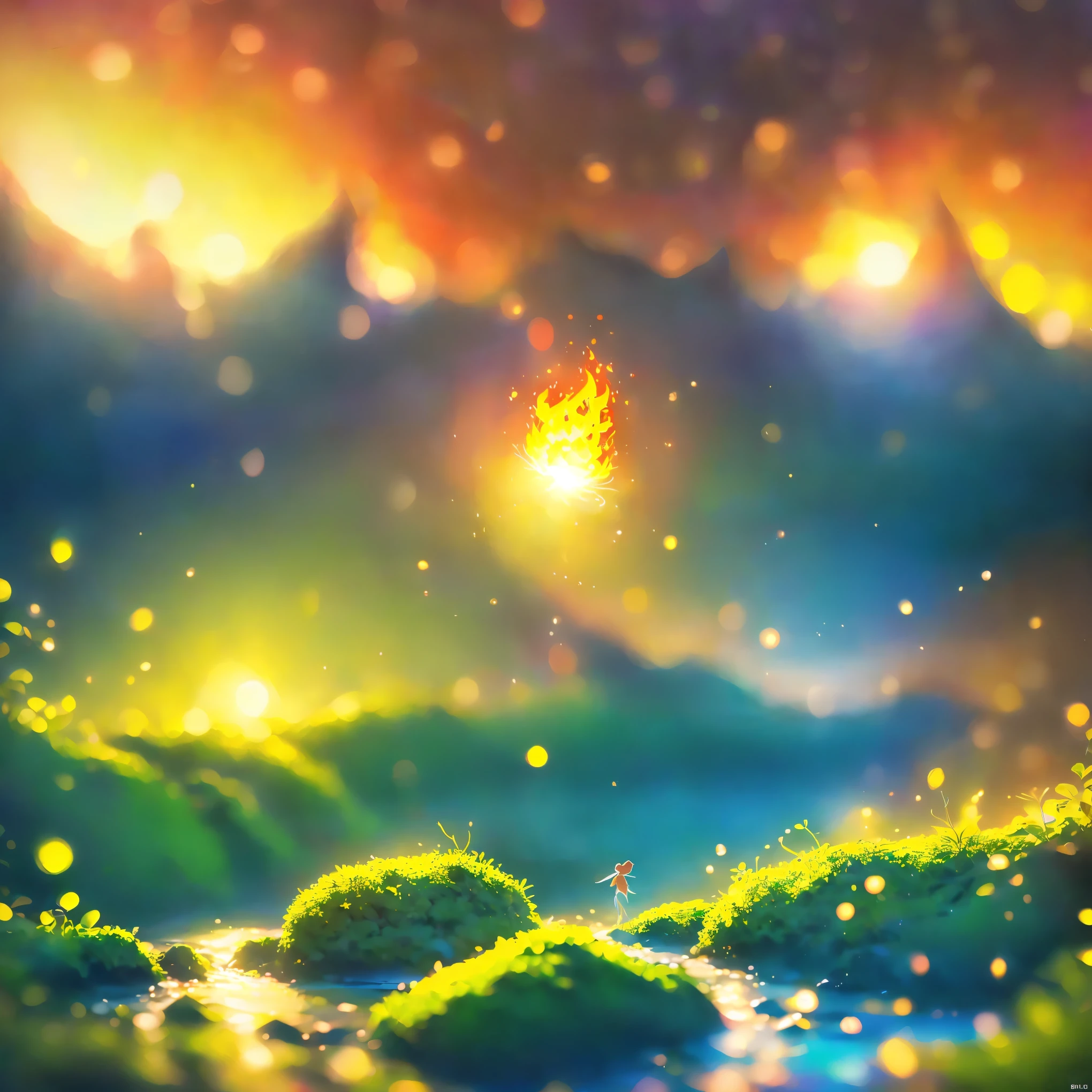 8k Quality,(Super Masterpiece:1.3), top quality, Detailed Images,unmanned,(in the mountains,(bonfire,Amazing flame),Lush tree々々,Little tree 々, many petals dancing ,cliff, Rock Field, Stunning waterfalls,river,Riverside,moss,水moss, full moon,melew,Background(melew,melewの空,cloud, starry sky , gradation for 1 person)).