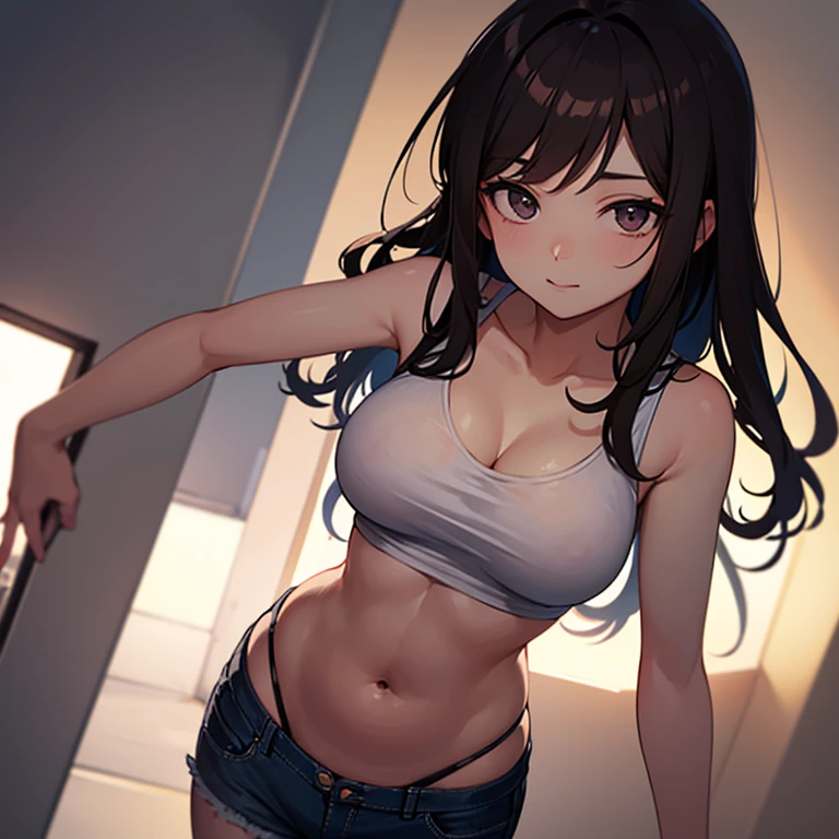 una chica joven muy atrevida alzando su minifalda, showing the viewer his body, poorly placed fire croptop showing part of her medium-sized firm breasts, piernas abiertas, pose sexy,se ven los pezones, sin censura y nsfw, +18