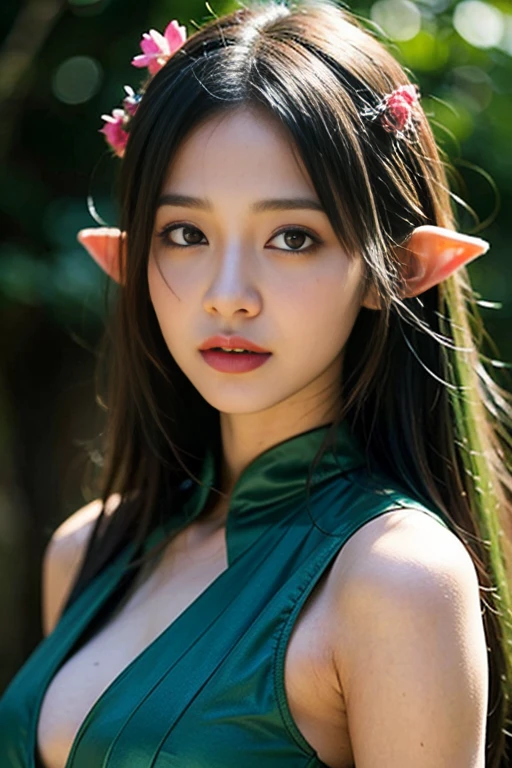 (Best Quality:1.4), (8K), 32K, (UHD), (Masterpiece:1.3), Photo of Japanese pretty woman, (Photorealistic), (Raw Photography), (1girl), (Ultra High Details), (Detailed face), perfect face, (Detailed hair), Beautiful hair, bangs, Layer Cut, (symmetrical eyes:1.3), (Detailed eyes), (Detailed skin), Realistic skin, Ultra high definition, (medium breasts), (slim figure), (super model figure), gentle smile, Japanese young cute girl, gentle smile,
( wearing a elf costume:1.3, elf ears:1.3 ), earrings, In the forest, butterflies, flowers, log house
portrait, close up face:1.3, cinematic lighting, soft lighting