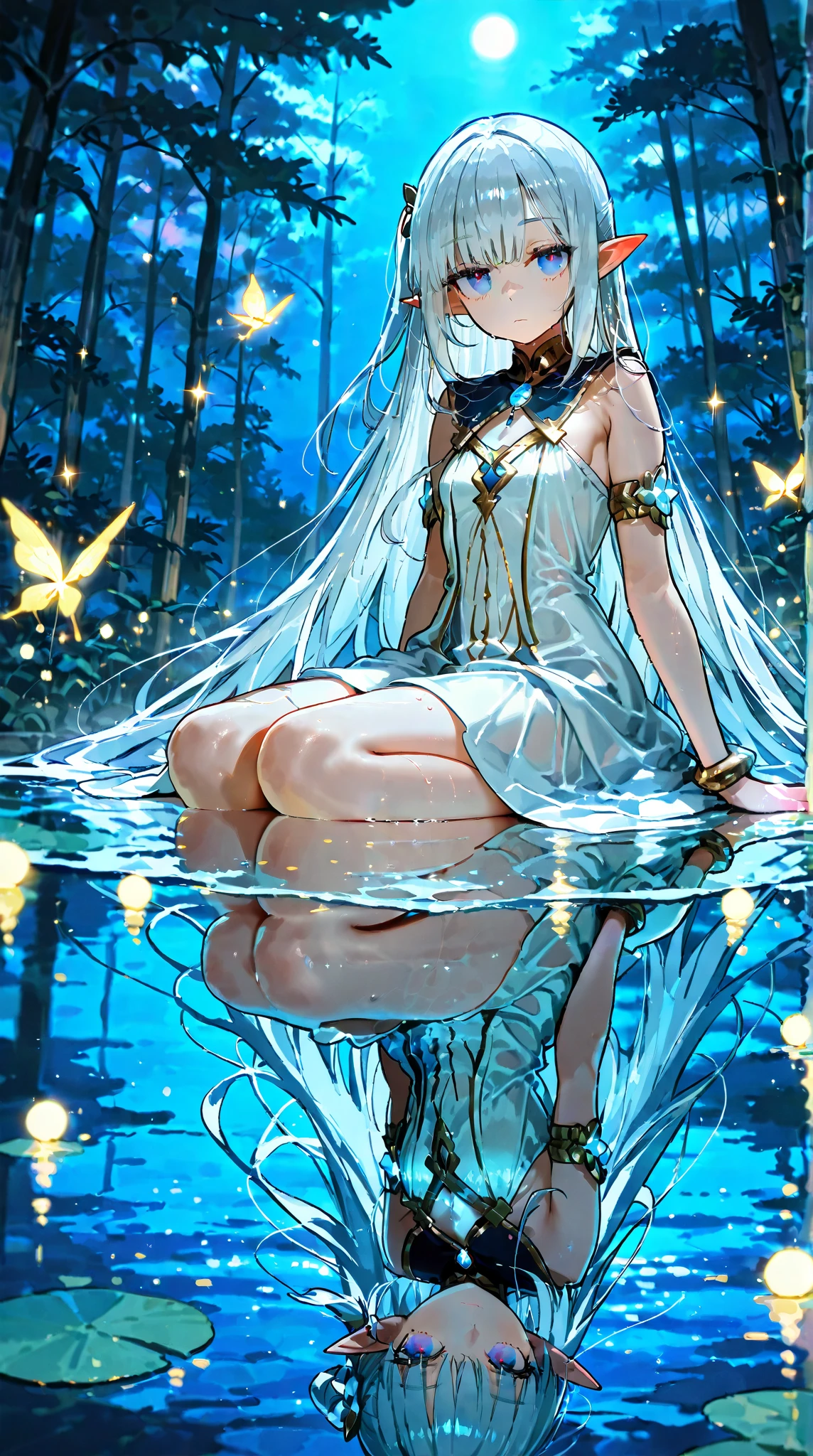 masterpiece,best quality,beautiful small elf girl, sitting near still water, vertical composition, 
upper half shows her face with a calm, emotionless expression, 
((water reflection shows her very smiling)), slight gentle smile in the water,
white dress, moonlight, fantasy forest, magical atmosphere, glowing sparkles,