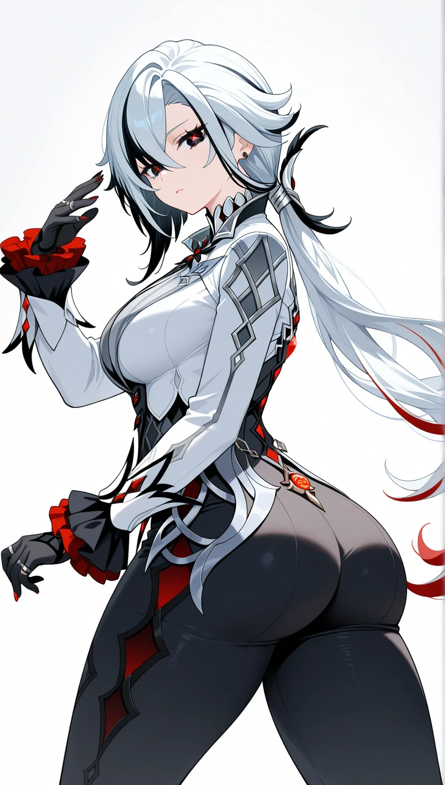 scrltbs, red eyes, long hair, grey hair, bangs, Halation, headgear, red hair ribbon, single shoulder armor, black bodysuit, cleavage, bodystocking, covered navel, black legwear, gloves、Looking back、Turning around、、My butt is facing me、Sad expression、Have red cheeks、squinting slightly、An ennui look、Embarrassed、Sensual、Alluring