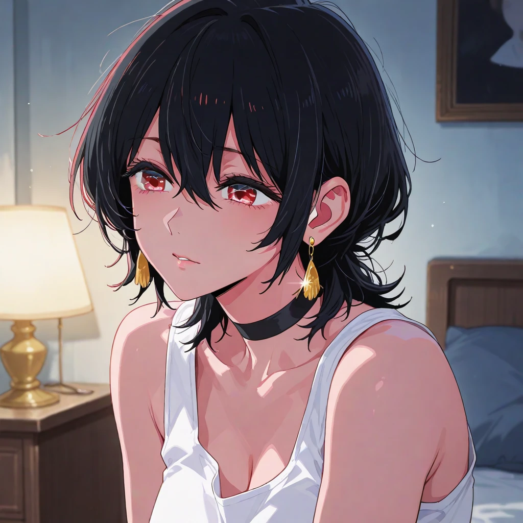 masterpiece, Score_9, Score_8_up, Score_7_up, rear view, 1 woman, alone, dark black hair, very short hair, long parted bangs, gold and orange eyes, half-closed eyes, parted lips, expressionless, pale skin, large breasts, top body, black Nightgown with transparent V-neck, long open bangs, with a mole under the mouth, cut style (boy), No bangs.