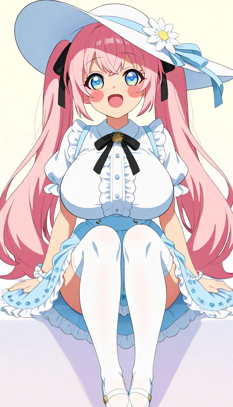(long beautiful pinky hair) cyan eyes, (Eyes behind long bangs) big breasts, Sitting pose using accessories (using socks) perfect shiny beautiful cyan shoes (Wearing luxurious palace maid clothes Perfect perfect noble) Pose facing sideways (Girl1, straight hair not too long, bangs covering one eye, soft face, gentle smile) long pink hair, beautiful cyan eyes (Sitting pose, right hand down, left hand down, leaning pose, smile kawai, (blank white background) Wearing a blue corset, (Using a beautiful bright blue ribbon) Kawai shy cute eyes (cyan colored shoes must be shiny, Must wear short white socks) Short custom maid sleeves reaching mid-shoulder