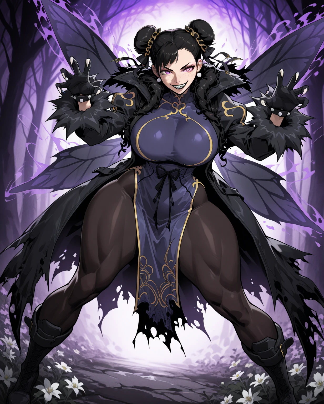 best quality, 1 girl, gothic fairy, gothic make-up, fairy wings, purple dress, smile, sharp teeth, sharp claws, black coat, black boots, black hair, curly hair, dark skin, purple forest background, motion effect, big breasts, thick thighs, voluptuous body, muscular body, bow adornment, flower adornment, tilted angle, black gloves, bright purple eyes, purple aura, black wings, pantyhose, Chun-Li pose, black lips, freckles on the face, black smoke, 