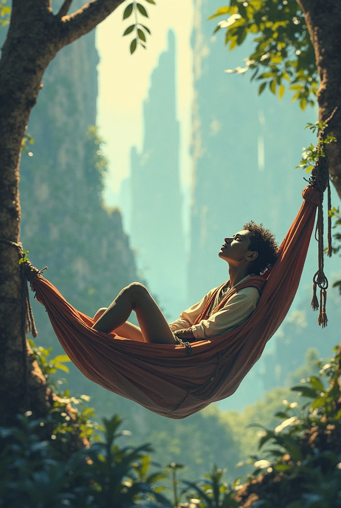 I need you to create a realistic image of a man with short black hair., with thin arms but with defined muscles, sitting on a hammock in a forest. The photo is seen from below the hammock and you can see the tops of the trees.